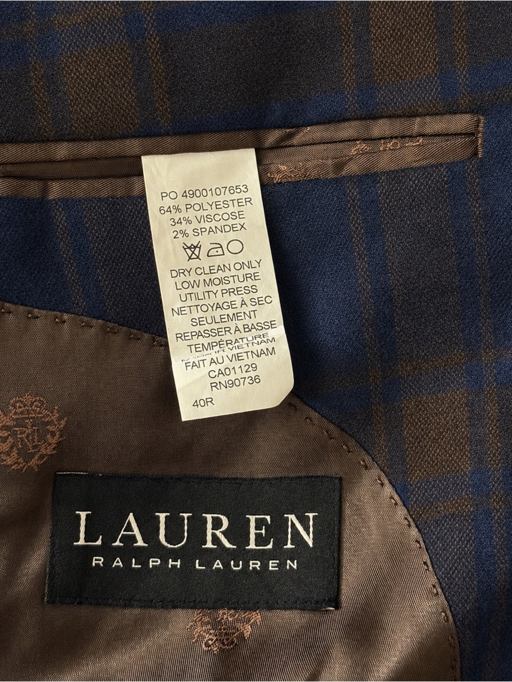 Lot 2 Ralph Lauren Mens Blue Brown Windowpane Sport Coat Blazer Wool Blend 40R - Picture 10 of 11